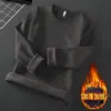 Camiseta de manga larga para hombre, forrada de felpa, gruesa, de color negro liso, de manga larga, para ropa interior, cuello redondo, térmica, para otoño e invierno.