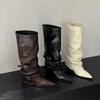 Hebilla de Cinturón ~ Botas para Pantalones, Botas de Tacón Grueso, Botas Largas para Mujer, Chicas Calientes Europeas y Americanas, Botas Altas, Botas Negras para Pantalones de Punta Fina, Estilo Urbano