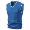 Novo Colete de Tricô Masculino Outono/Inverno 2026 Gola V Color Block Tricô Canelado Vertical Trançado Sem Mangas Suéter Casual para Camada