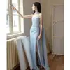Vestido de noite azul para mulheres 2026 novo modelo, nicho de luxo de alta qualidade sem alças noivado alta costura francesa vestido de noite
