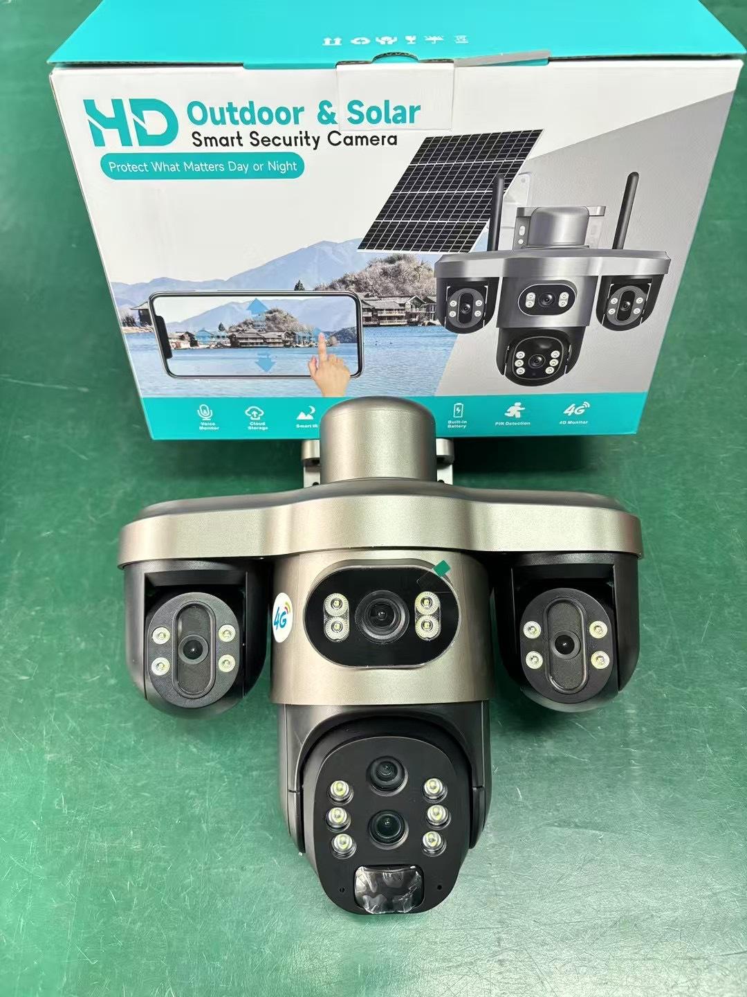 V380太阳能摄像头4G三画面3个电动云台手机远程控制三电动