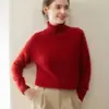 Tricô de Caxemira com Gola Rolê Torcida Feminino Pulôver Cor Pura Manga Longa Casual Simples Moda Quente Top Base