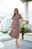Vestido de praia transfronteiriço 2022 verão novo sexy manga curta vestido chiffon estampado amarração grande balanço vestido em estoque