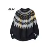 Direto da Fábrica Outono/Inverno Bloco de Cores Jacquard Fair Isle Gola Redonda Tendência Solto Masculino Casal Imitação de Veludo de Mínk Tricô