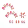 Uñas postizas de color naranja degradado con puntos de estrella, cuadradas cortas, estilo dopamina Y2K, chica energética, naranja melocotón, uñas postizas