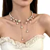 Colar Gargantilha Aberto de Borla com Contas Redondas Doces de Alto Padrão para Mulheres, Colar com Design Moderno, Acessório de Corrente de Clavícula de Alto Padrão
