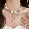 Collar Cruz de Perlas Doble Capa Apilable para Mujer, Diseño Único, Cadena para Clavícula de Alta Gama, Nuevo Producto Más Vendido
