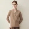 Suéter feminino de cashmere puro outono e inverno novo solto afina o corpo gola V cruzada tricô quente preto