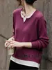 Suéter de punto casual para mujer, estilo dos piezas falsas, cuello en V, corte holgado, adelgazante, rejuvenecedor, jersey casual, top elegante de otoño