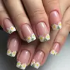 Nuevo Estilo de Comercio Exterior Set de 24 Piezas para Uñas Artísticas para Primavera y Verano, Fresco Diseño de Margarita Francesa, Versátiles Uñas Cuadradas Dulces de Longitud Media Press-On al por Mayor