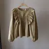 Camisa Elegante de Manga Larga con Volantes para Mujer, Color Sólido, Adelgazante, Antiedad, Estilo Corto, Petite, Puntadas Antiedad, Borde de Oreja