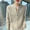 2025 Nuevo Otoño e Invierno Terciopelo de Visón Puro Hilo Floral Cuello Medio Alto Cardigan de Punto Cremallera Suave Cera Cálido Top Chaqueta para Mujer