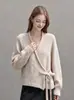 Cárdigan Holgado con Cuello en V Ceñidor de Cintura Adelgazante Estilo Suave Lazo 2743