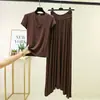 T-shirt Casual de Manga Curta com Decote V e Cordão na Cintura Alta com Saia Longa, Novo Estilo de Verão, Tamanho Plus