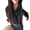 Camisa feminina de alta qualidade de Dongdaemun, Coreia, para o início do outono, com acabamento em renda elegante e babados plissados, de manga longa