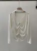 Camiseta de manga larga con cuello en V, cinturón de cinta, cintura plisada, dobladillo asimétrico, color liso para mujer 5370