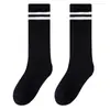 Calcetines Escolares para Niños Malla Algodón Transpirable Primavera Verano Delgados Blanco y Negro Dos Rayas Rendimiento Largo Hasta la Pantorrilla Estilo Preppy