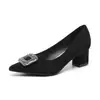 Sapatos de Salto Grosso em Camurça com Strass para Mulheres Primavera Verão Novo Temperamento Francês Elegante Sapatos de Vovó Bico Fino Salto Alto