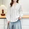 Novedad Especial de Otoño 100 kg Elegante Camisa de Manga Larga con Retazos de Encaje y Cuello en V para Mujeres de Tallas Grandes 0724