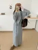 Nuevo Conjunto de Punto de Dos Piezas para Mujer Otoño/Invierno 2026: Cárdigan Suéter de Encaje Patchwork con Corbata y Falda de Cintura Alta Estilo Suave