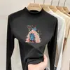 Camiseta casual de manga comprida infantil, novo estilo 2026, camada interna quentinha para meninas, top com gola alta e meio zíper em fleece dupla face