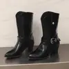 Botas Martin de salto alto de tamanho grande para cross-border 34-48, bico redondo, cor sólida, sem cadarço, salto quadrado, versátil, leve, salto quadrado, botas femininas de cano médio