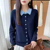 Suéter de lã 100% pura com gola boneca em cor contrastante para mulheres, novo estilo 2026, tricô elegante de lapela pequena, suéter de base