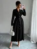Novo Vestido de Primavera Estilo Francês da Amazon, Decote V Elegante, Mangas Longas, Fechamento em Botões Únicos, Comprimento Acima do Joelho, Ajuste na Cintura, Transfronteiriço