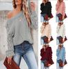 Blusa solta de cor sólida transfronteiriça da Amazon 2023, outono e inverno, comércio exterior, novo suéter com gola redonda e estampa oca para mulheres
