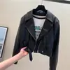 Chaqueta Corta de Cuero Estilo Motero de Moda para Mujer Primavera y Otoño Chaqueta de Cuero Solapa Elegante Chaqueta Versátil para Personas Bajas Top de Cuero