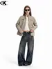 Chaqueta de hombro recto estilo retro americano 11KN para hombre y mujer, corte holgado, diseño de patchwork deconstruido, abrigo corto casual desgastado con cuello alto