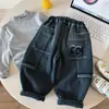 Jeans con Forro de Polar para Niños Muno Pantalones Gruesos de Invierno Ropa Moderna para Niños Estilo Coreano para Niños Bordado Holgado Pantalones Casuales