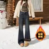 Jeans Acampanados Gruesos Forrados de Felpa Azul Denim para Mujer, Invierno Cintura Alta Ajustados No Ajustados Acampanados Largo hasta el Suelo Modernos 9328
