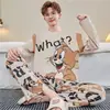 Pijama para Hombre Manga Larga Algodón Puro Primavera y Otoño Delgado Estudiante Joven Dibujos Animados Ropa de Casa Holgado Tallas Grandes Traje