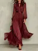 Moda europea y americana para mujer 2026, estilo popular transfronterizo, color liso, moderno, de malla, de encaje, con mangas abullonadas, vestido largo