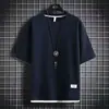 Waffled camiseta de manga curta verão homens falsos de duas peças soltas meia manga camiseta gelo seda fina pescoço redondo moda roupas de marca