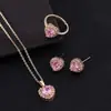 Elegante Juego de Joyería Chapado en Oro con Zirconia Colorida Micro-Incrustada, Collar Redondo, Anillo, Pendientes, Exquisito Colgante de Zirconia Colorida