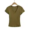 Camiseta de Verão 2026 Novo Estilo Americano Estilo Garota Picante Cor Sólida Slim Fit Decote em V Profundo Ombro Normal Manga Curta para Mulheres