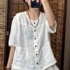 Camisa de Verano Retro para Mujer de Color Sólido con Mangas Medias, Bolsillo Grande, Botones al Frente, Multicolor, Versátil, Elegante, Estilo Chino