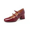 Producto destacado: [Versión de Piel de Oveja] Zapatos de piel para mujer Mary Jane de punta cuadrada, tacón alto grueso, color burdeos retro, 5.5cm