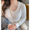 Camiseta Básica de Fábrica Tamanho Grande para Mulheres com Gola U Outono e Inverno Manga Longa Slim Escovada Decote Grande Top de Modal