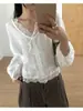 Camisa de encaje con cuello en V estilo ins coreano para mujer, en stock, otoño, retro francés, manga abullonada, holgada, 19204