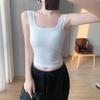 Camisola de cuello cuadrado tejida con pelo de una generación para mujer, primavera y verano, con tirantes anchos, corta y hermosa chaqueta en la espalda.