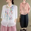 Camisa original artística de algodón y lino estampada para mujer, fina, holgada, talla grande para verano, favorecedora, manga tres cuartos