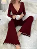 Pijama de Moda Transfronterizo Europeo y Americano Nuevo Otoño e Invierno para Mujer Sexy Cuello en V Manga Larga Pantalones con Tirantes Que Se Puede Usar Fuera Ropa de Casa