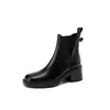 Novas Botas Chelsea Elásticas de Salto Grosso Outono/Inverno 2023 Pretas de Salto Médio Estilo Britânico Bico Quadrado Botas Curtas Femininas Botas Individuais