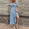 Bai Fen Zhi YiAmazon Verano Versátil Romántico Elegante Ajuste Delgado Cuello en V Volantes Color Sólido Vestido