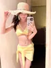 Traje de Baño de Dos Piezas Conjunto de Bikini para Mujer Estilo Coreano Ins Chica Dulce Amarillo Claro Puro Deseo Estilo Vacaciones en la Isla Traje de Baño