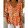 Estación Independiente Transfronteriza Europea y Americana Nueva Camiseta de Moda para Mujer Estampado 3D Color Degradado Cuello en V Manga Larga Top Verano Europeo y Americano