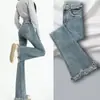 Calça Flare Micro-La Jeans Feminina Primavera e Outono 2023 Nova Cintura Alta Emagrecedora Para Mulheres Pequenas Cor Clara Bainha Desfiada para Verão